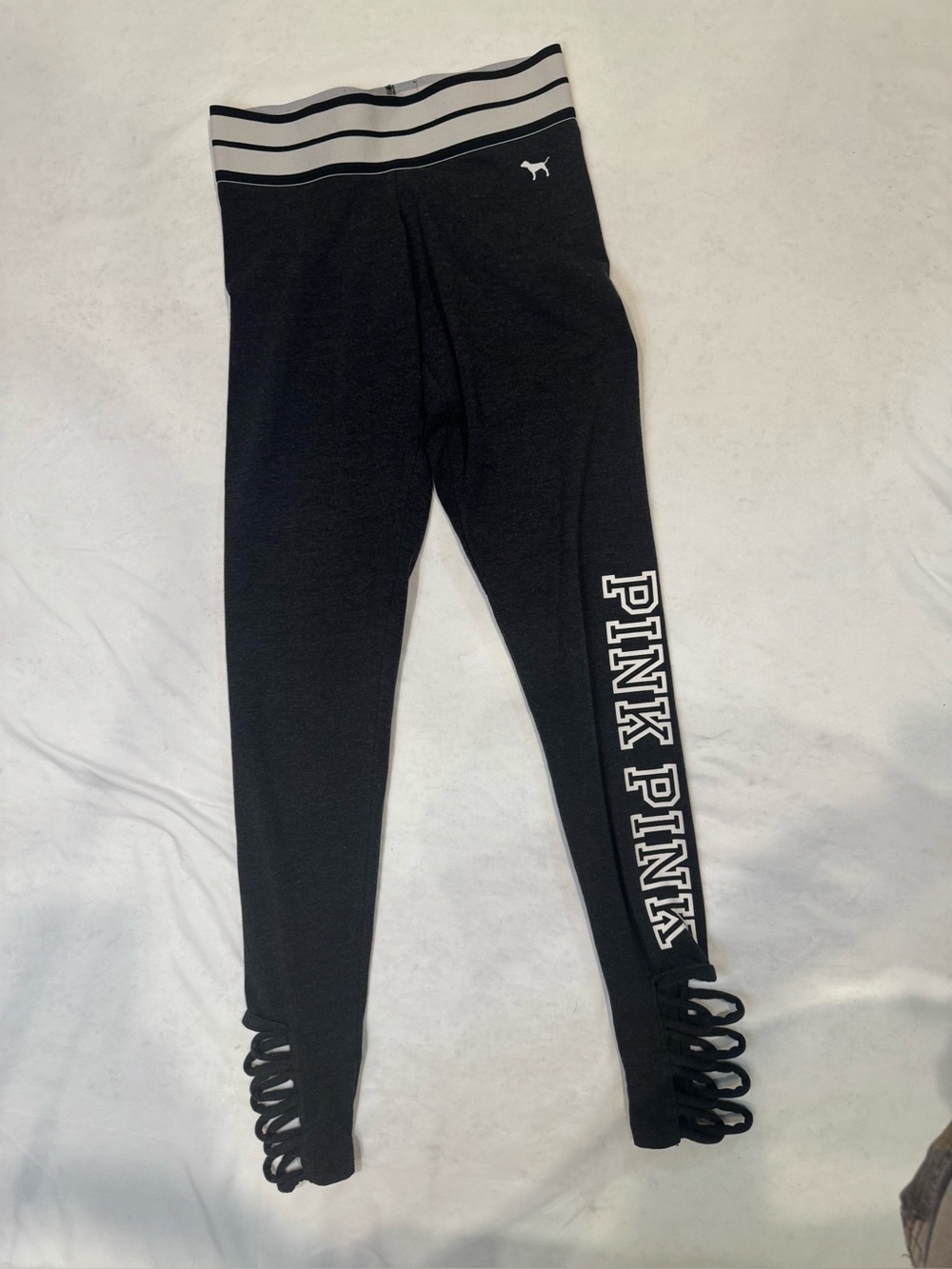 Victoria’s Secret PINK Leggings XS Gray Black Logo Strappy Lace Up Ankle Yoga